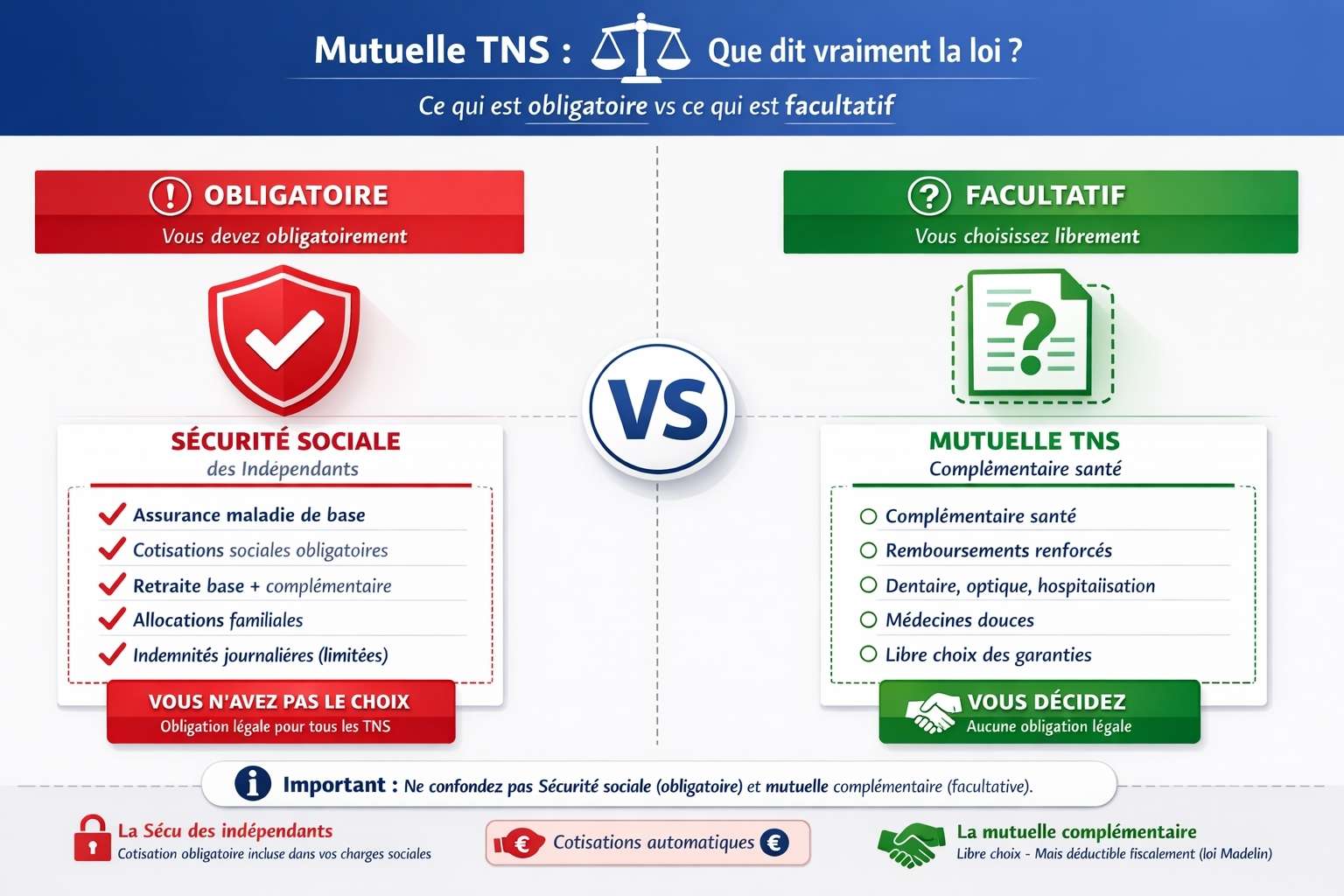 Schéma comparatif rouge vs vert montrant côté gauche "Obligatoire" : Sécurité sociale indépendants avec cotisations automatiques sans choix, côté droit "Facultatif" : Mutuelle TNS complémentaire avec libre choix et décision personnelle
