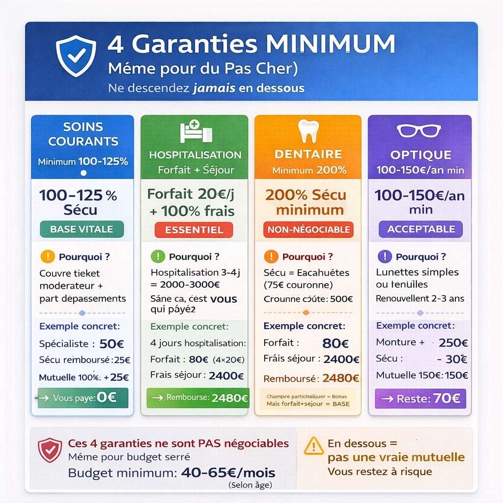 4 garanties minimum mutuelle TNS budget serré : soins courants 100-125% exemple spécialiste 50€ payez 0€, hospitalisation forfait+séjour évite 2480€, dentaire 200% couronne reste 375€, optique 100-150€/an lunettes reste 70€