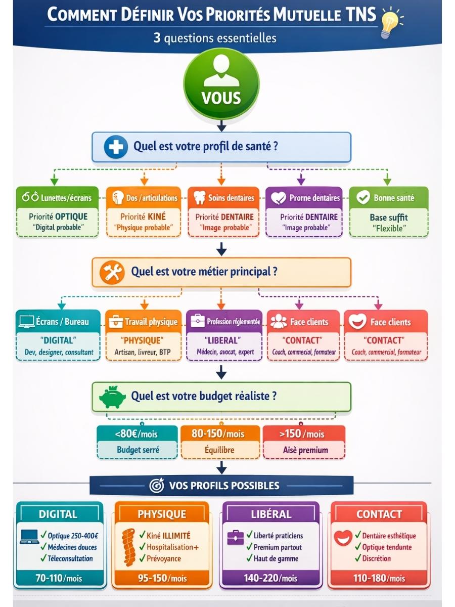 Arbre décisionnel 3 questions TNS : profil santé (lunettes/dos/dents/bonne santé), métier (écrans/physique/réglementé/clients), budget (<80€/80-150€/>150€) menant 4 profils digital teal, physique orange, libéral purple, contact coral priorités budgets