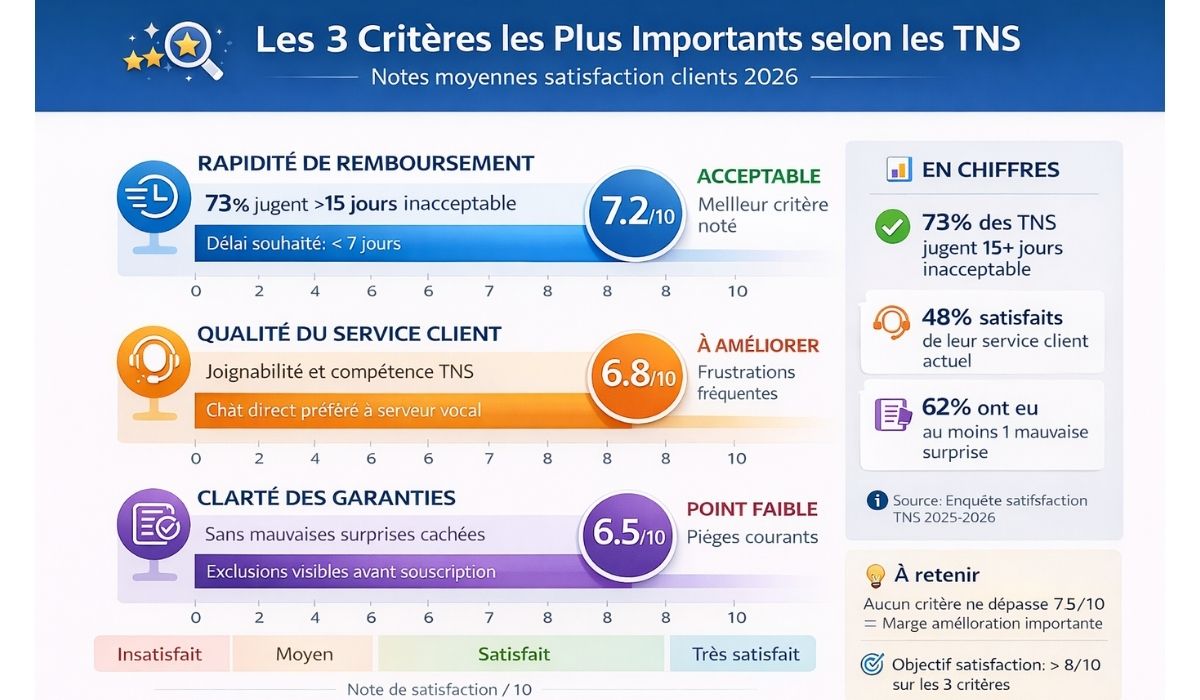 Graphique barres horizontales 3 critères satisfaction TNS : rapidité remboursement note 7.2/10 barre bleue 73% jugent 15+ jours inacceptable, service client 6.8/10 barre orange frustrations fréquentes, clarté garanties 6.5/10 barre purple point faible pièges courants, avec cercles scores et zones satisfaction colorées