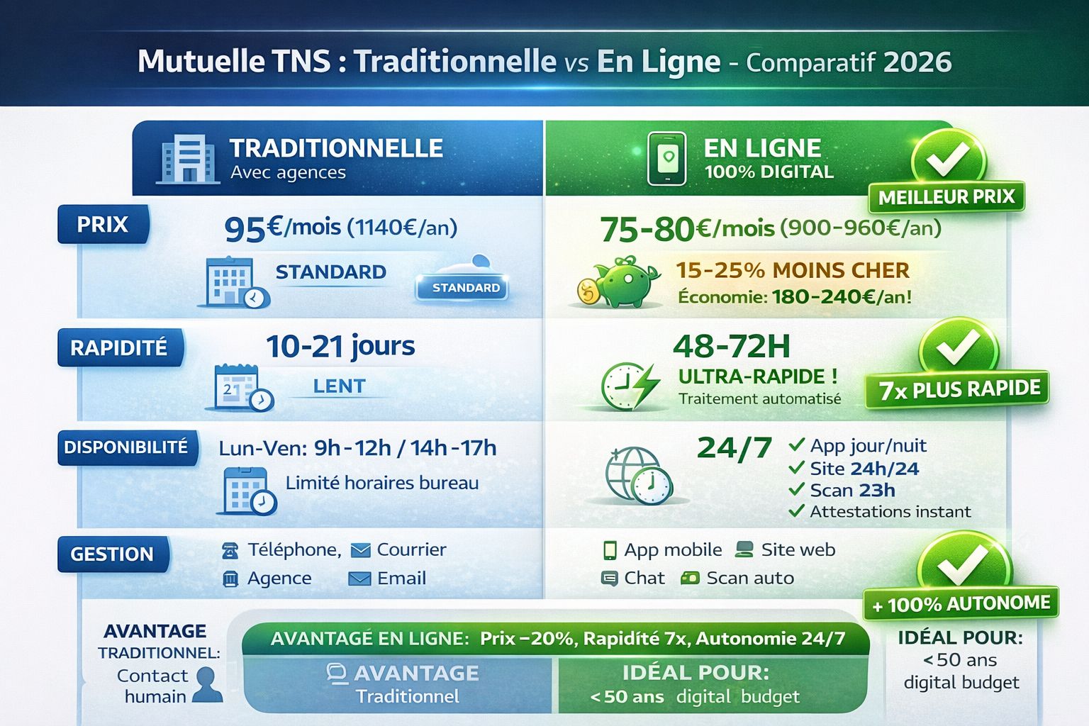 Tableau comparatif 2 colonnes : traditionnelle bleu 95€/mois 10-21j horaires 9h-17h téléphone courrier, en ligne vert 75-80€ -20% 48-72h 7x rapide 24/7 autonomie app web badges verts gagnants prix rapidité autonomie