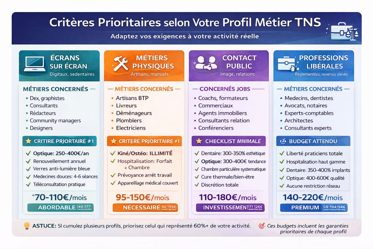 Tableau 4 colonnes profils TNS : écrans teal dev/graphistes priorité optique 250-400€ médecines douces 70-110€, physique orange artisans/BTP kiné illimité hospit 95-150€, contact purple coachs/commerciaux dentaire 300-350% esthétique optique 110-180€, libéral bleu médecins/avocats liberté totale praticiens premium 140-220€, checklists minimales budgets Madelin