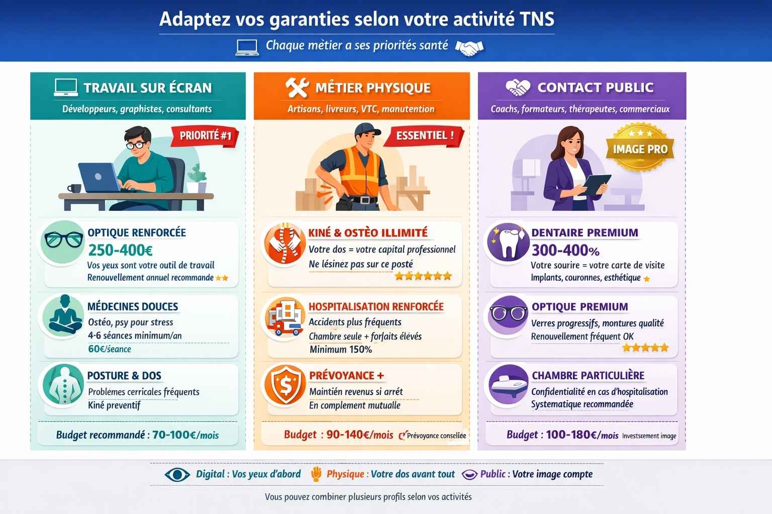 Infographie illustrée de 3 profils TNS avec garanties prioritaires : travail sur écran (optique renforcée 250-400€ priorité #1), métier physique (kiné-ostéo illimité essentiel), contact public (dentaire premium 300-400% pour l'image pro)