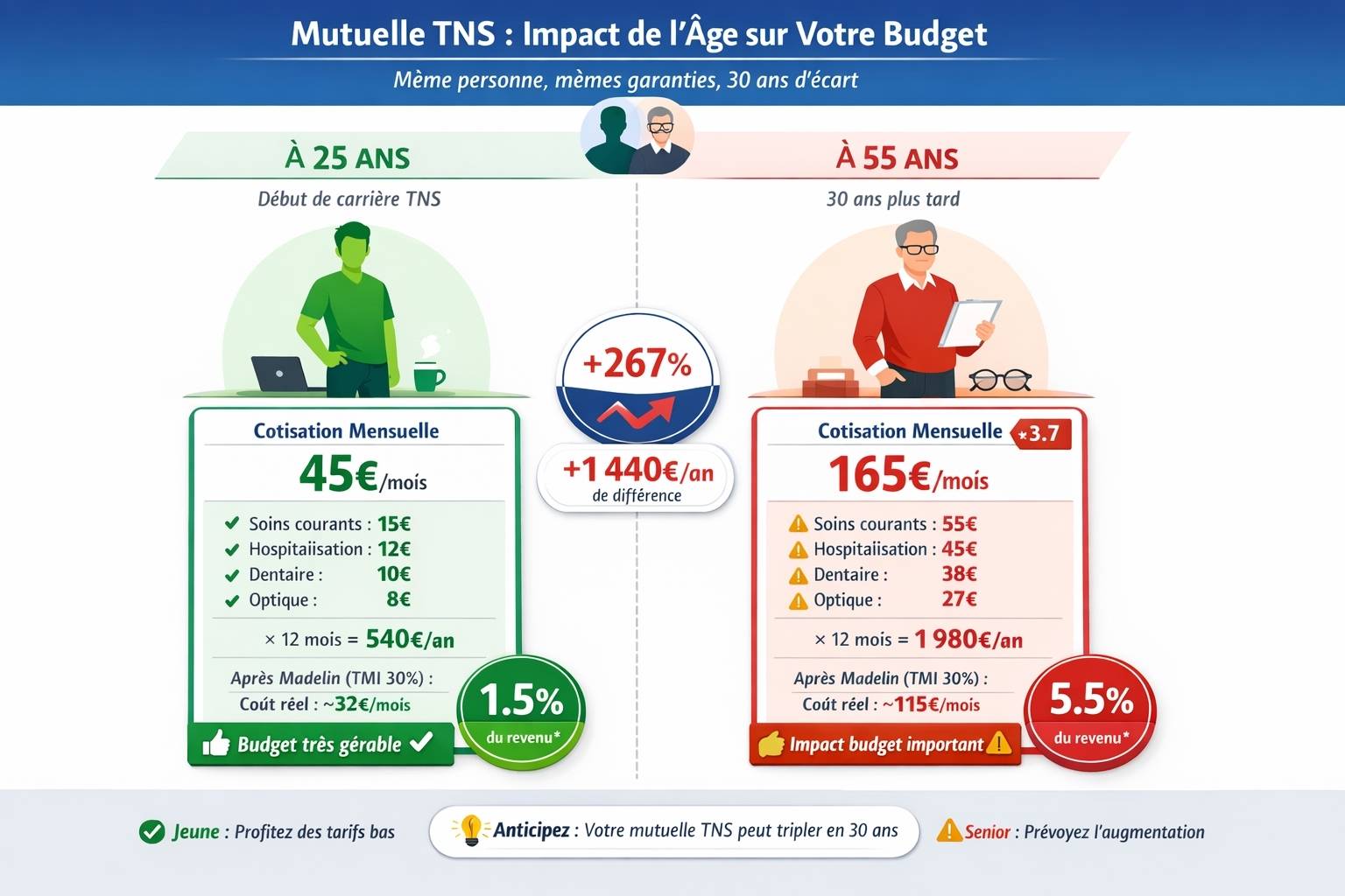 Comparaison infographique budget mutuelle TNS : à gauche 25 ans payant 45€/mois (540€/an) représentant 1.5% du revenu, à droite 55 ans payant 165€/mois (1,980€/an) soit 5.5% du revenu avec augmentation +267% marquée au centre