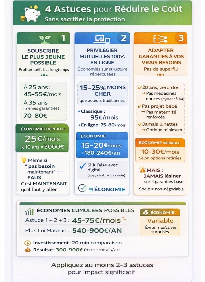 Checklist 4 astuces réduire coût mutuelle TNS : souscrire jeune économie 25€/mois 3000€ sur 10 ans, en ligne -15-25% soit 180-240€/an, adapter besoins 10-30€/mois, comparer coût réel évite surprises, total cumulé 540-900€/an