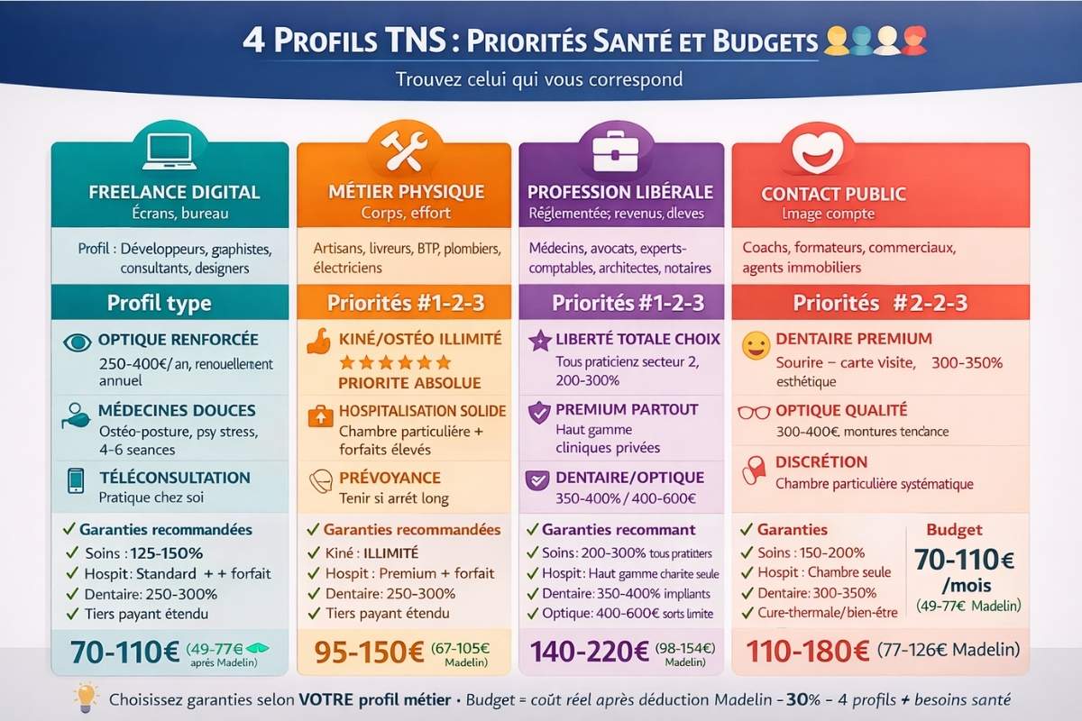 Tableau 4 profils TNS comparatif : digital teal optique 250-400€ médecines douces 70-110€, physique orange kiné illimité hospit 95-150€, libéral purple liberté praticiens premium 140-220€, contact coral dentaire esthétique discrétion 110-180€ avec ce qu'on peut zapper chaque profil