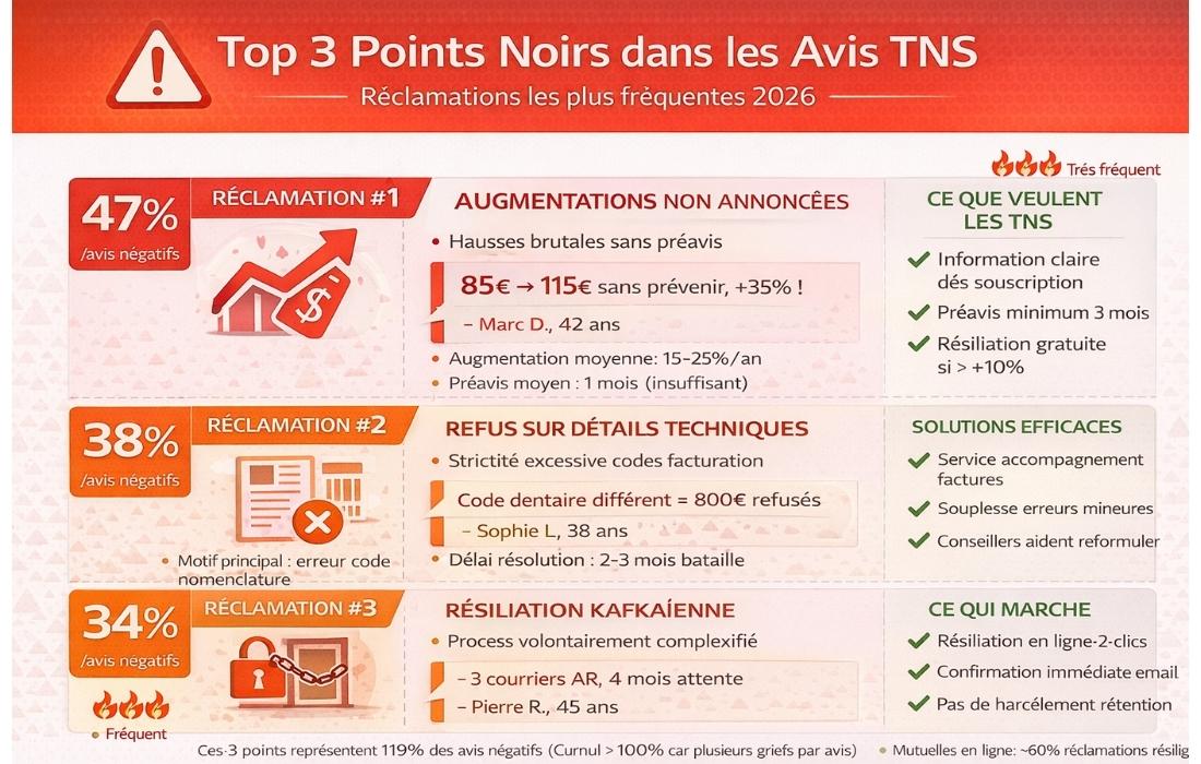 Tableau warning 3 points noirs avis TNS : 47% augmentations non annoncées 85€→115€ +35% badge réclamation#1, 38% refus remboursement détails techniques code dentaire 800€ refusés badge#2, 34% résiliation compliquée 3 courriers AR 4 mois badge#3, avec solutions vertes préavis 3 mois résiliation 2 clics