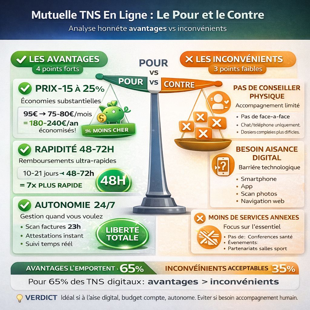 Infographie balance 2 colonnes : gauche avantages verts prix -20% 180-240€/an rapidité 48-72h 7x autonomie 24/7 transparence, droite inconvénients oranges pas conseiller physique besoin digital moins services, balance penchée 65% avantages 35% inconvénients verdict idéal digital