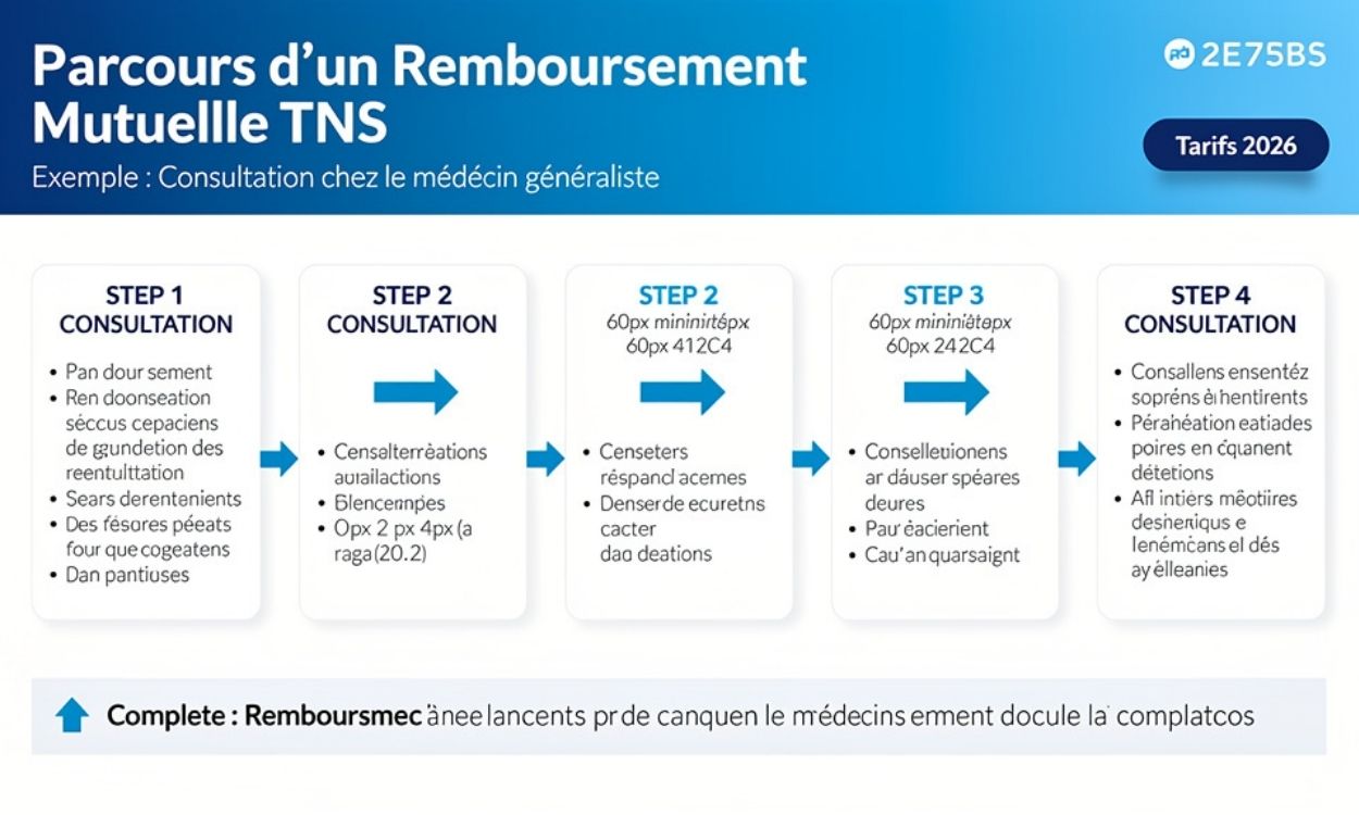 Schéma explicatif du parcours complet de remboursement mutuelle TNS en 5 étapes : consultation 30€, paiement, Sécu rembourse 17,50€, mutuelle complète 12,50€, reste à charge 0€