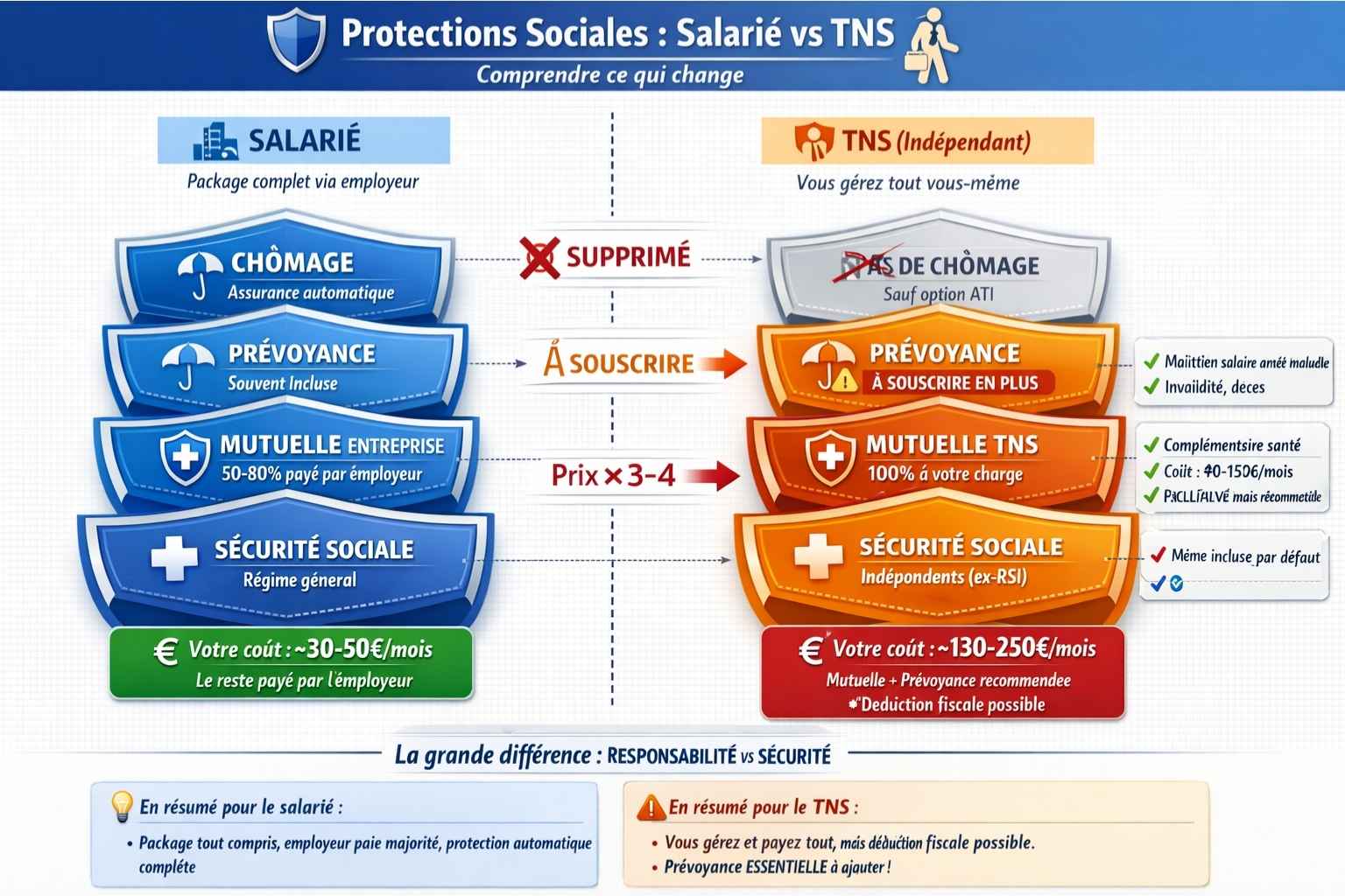 Schéma comparatif des protections sociales : salarié avec 4 couches (Sécu + mutuelle entreprise + prévoyance + chômage) payées majoritairement par l'employeur versus TNS avec couches réduites (Sécu + mutuelle facultative + prévoyance optionnelle + pas de chômage) à payer seul