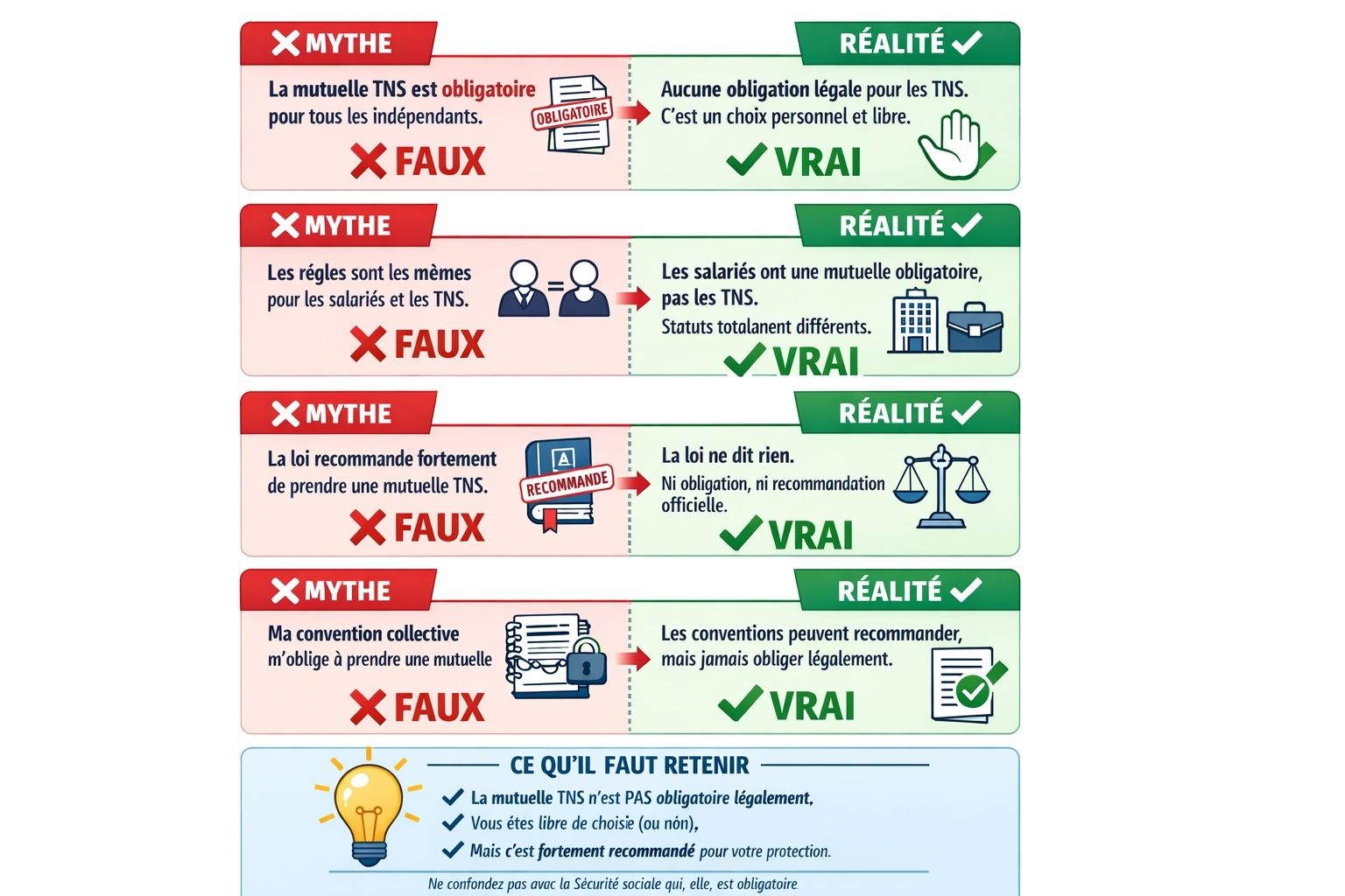 Infographie démystifiant 4 idées reçues sur mutuelle TNS avec comparaison mythe (rouge-faux) vs réalité (vert-vrai) : obligation légale, règles identiques salariés, recommandation loi, et conventions collectives obligatoires - tous démentis