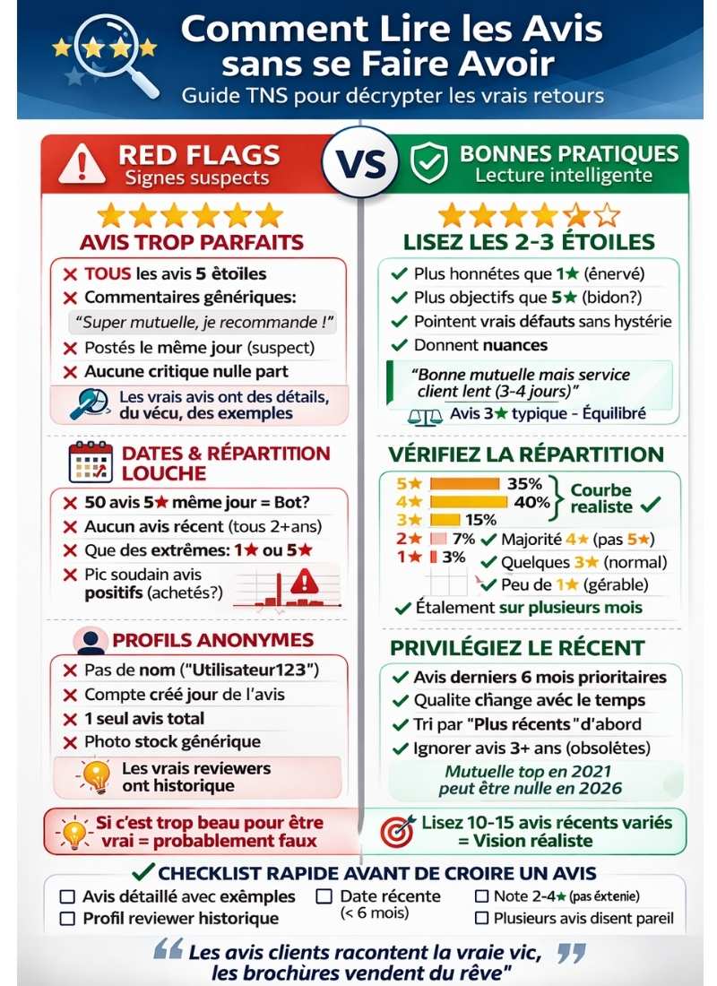 Infographie guide 2 colonnes lire avis TNS : gauche red flags rouge avis trop parfaits tous 5★ génériques, dates louches 50 même jour, profils anonymes utilisateur123, droite bonnes pratiques vertes lire 2-3 étoiles honnêtes, vérifier répartition courbe réaliste 40% 4★, privilégier récent <6 mois, checklist bas croire avis
