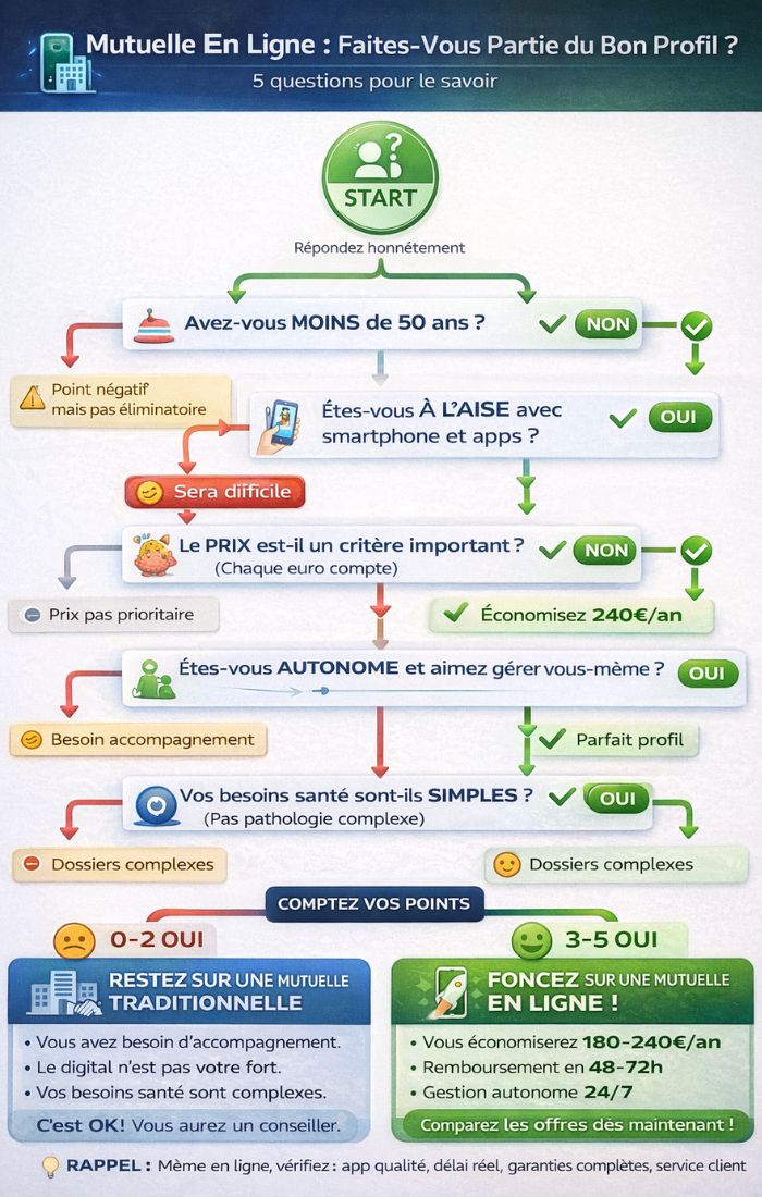 Flowchart décisionnel vertical 5 questions oui/non : moins 50 ans, aise smartphone apps, prix important économie 240€, autonome gérer soi-même, besoins santé simples, scoring 0-2 oui conclusion bleue restez traditionnel accompagnement, 3-5 oui conclusion verte foncez ligne économie 48h autonomie
