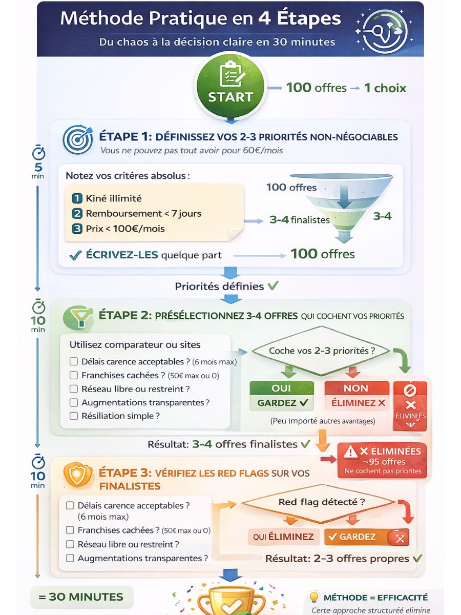 Flowchart vertical 4 étapes méthode TNS : étape 1 bleu définir 2-3 priorités non-négociables écrire, étape 2 vert présélectionner 3-4 offres cochent priorités éliminer autres, étape 3 orange vérifier red flags carence franchises réseau éliminer si problème, étape 4 purple départager avis clients 10-15 récents délai service, cercle final vert trophée votre mutuelle 30 minutes