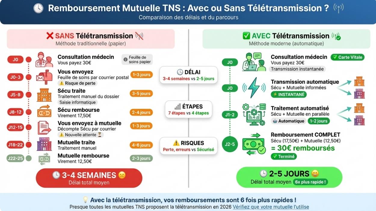 Comparaison infographique des délais de remboursement mutuelle TNS : méthode traditionnelle papier (3-4 semaines, 7 étapes) versus télétransmission automatique (2-5 jours, 4 étapes)