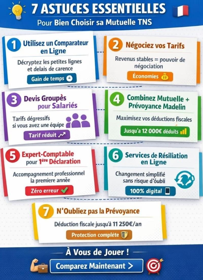 Infographie récapitulative des 7 astuces essentielles pour bien choisir sa mutuelle TNS : comparateurs en ligne, négociation tarifaire, devis groupés, optimisation fiscale Madelin, accompagnement expert-comptable, résiliation digitale et prévoyance complémentaire
