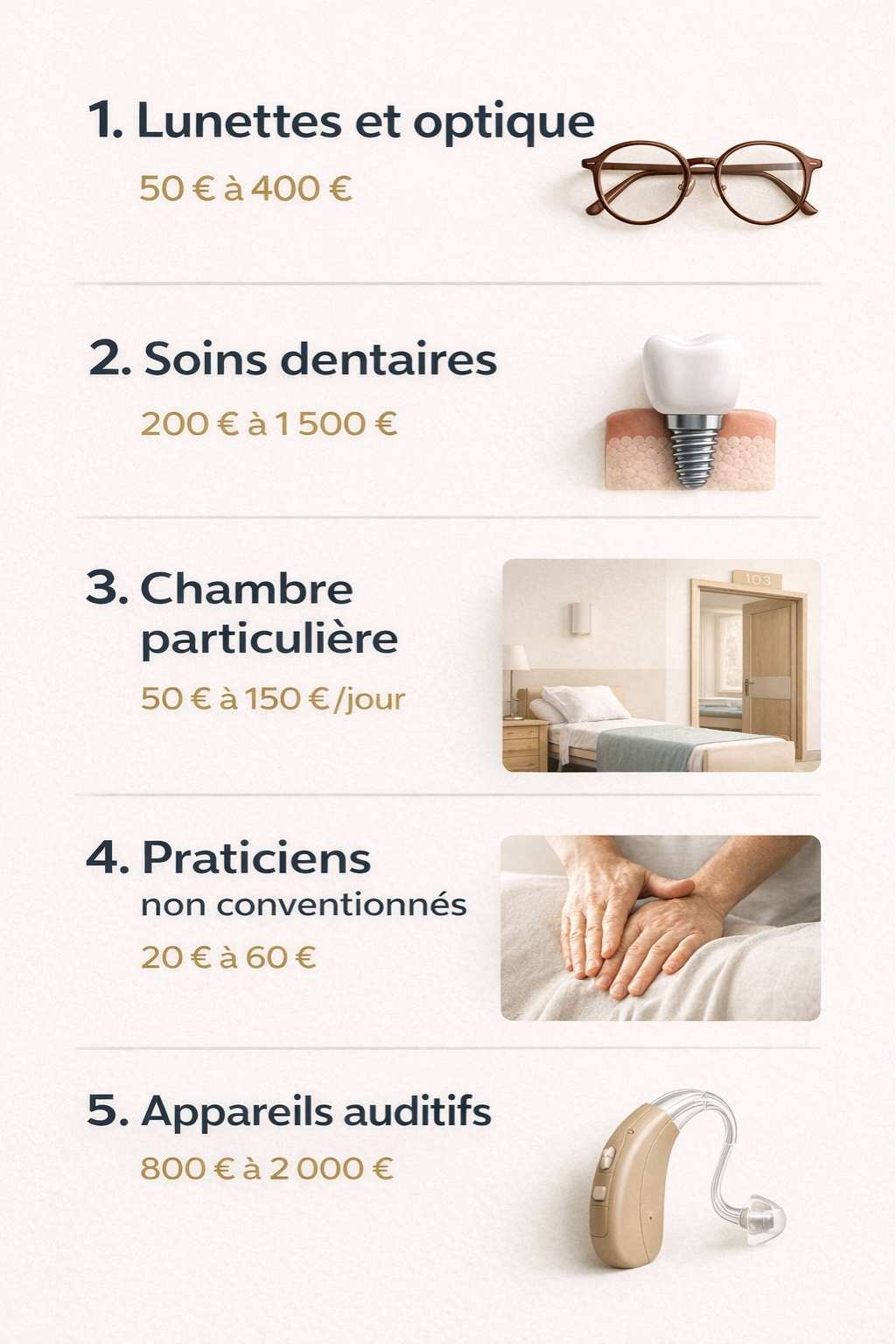 Infographie listant les 5 postes de dépenses de santé les plus souvent oubliés par les patients en ALD en France