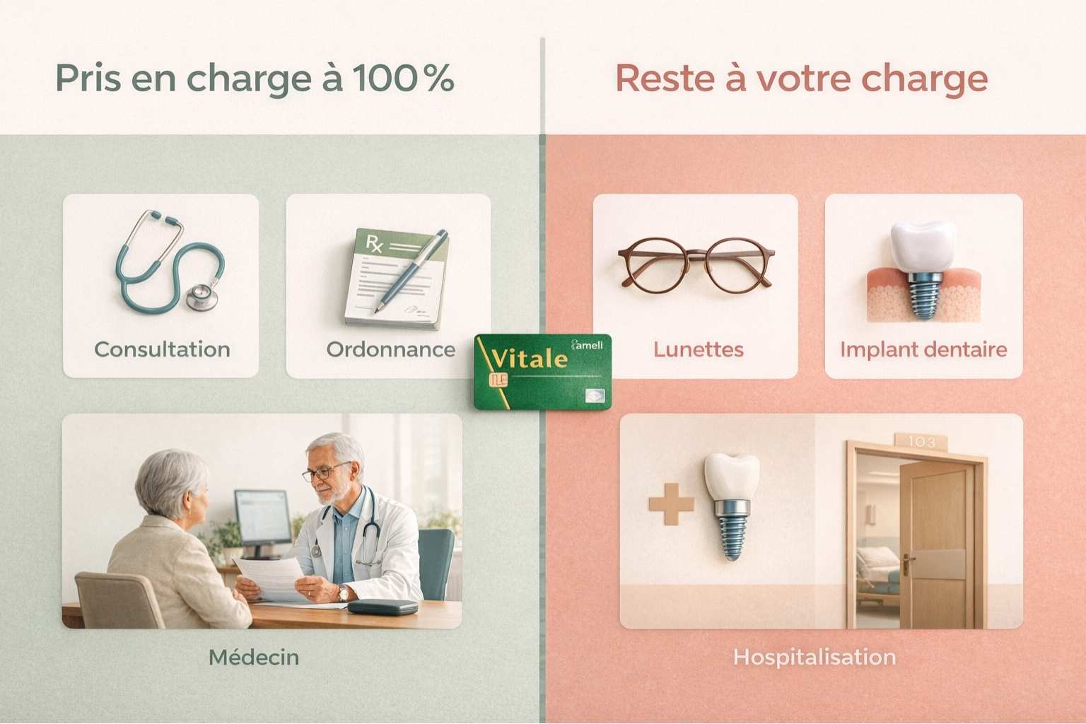 Tableau visuel comparant les actes remboursés à 100% par l'ALD et ceux restant à la charge du patient