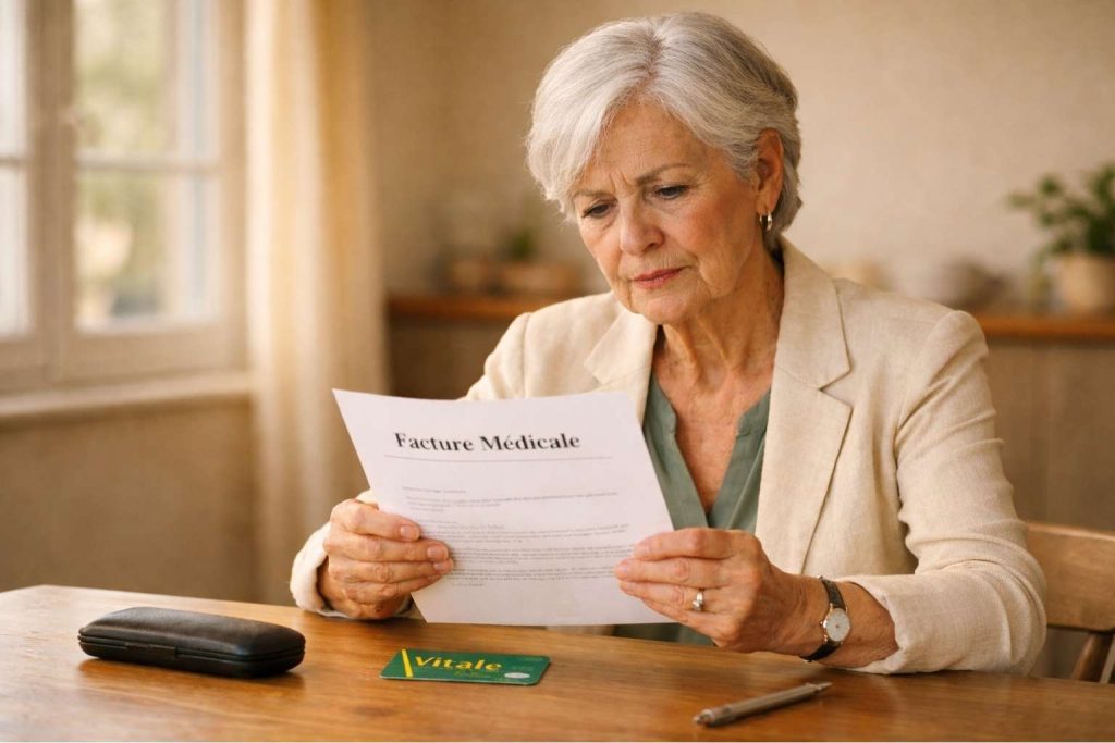 Personne senior tenant une facture médicale avec une expression préoccupée, symbolisant le reste à charge malgré l'ALD