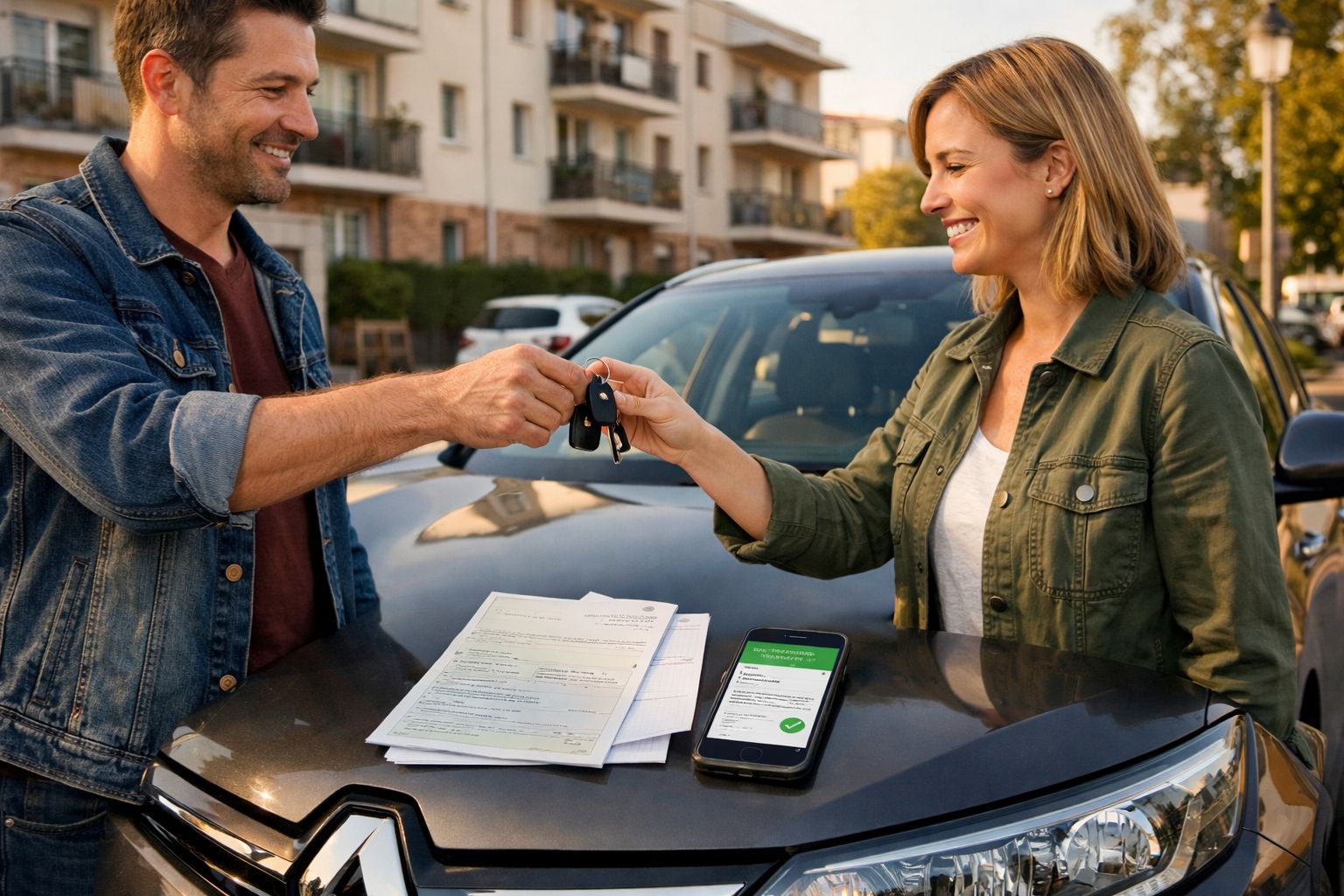 Vente de voiture d'occasion entre particuliers avec remise de clés et assurance temporaire