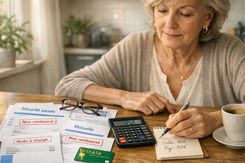 Senior française analysant ses factures médicales non remboursées par la Sécurité sociale avec documents et calculatrice