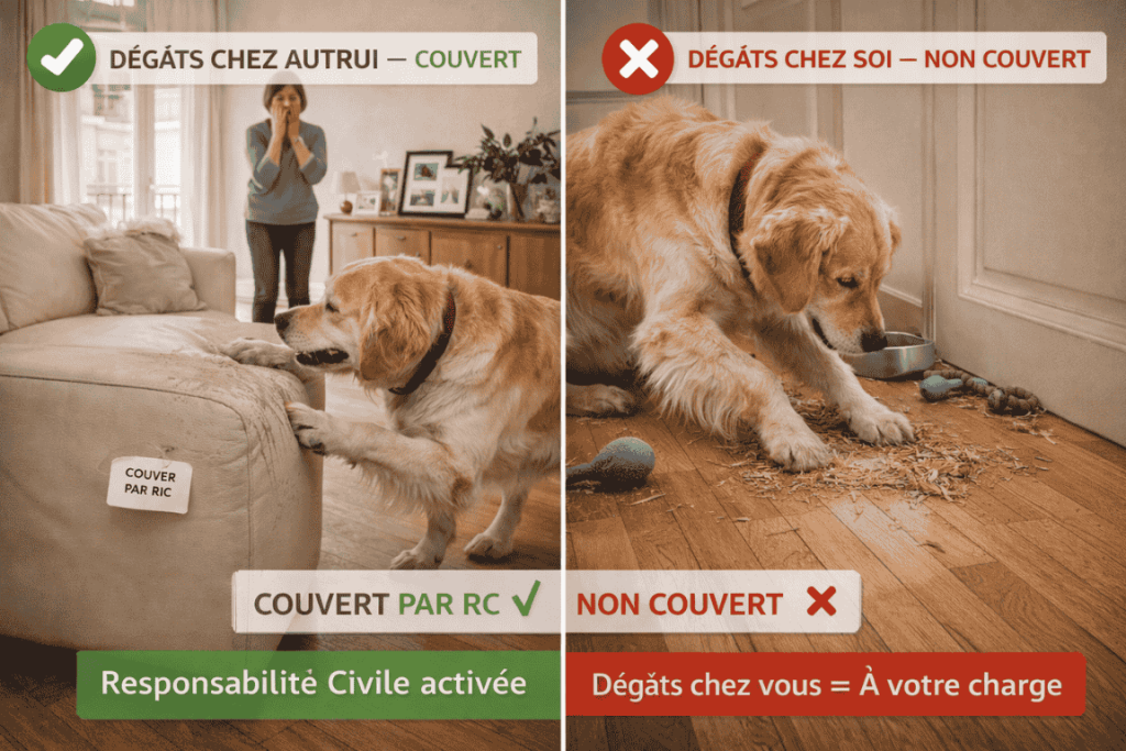 Comparaison côte à côte d'un golden retriever : à gauche, le chien griffe le canapé en cuir chez un voisin avec voisine inquiète, zone marquée Couvert par RC en vert ; à droite, le même chien gratte le parquet dans l'appartement de son propriétaire, zone marquée Non Couvert en rouge