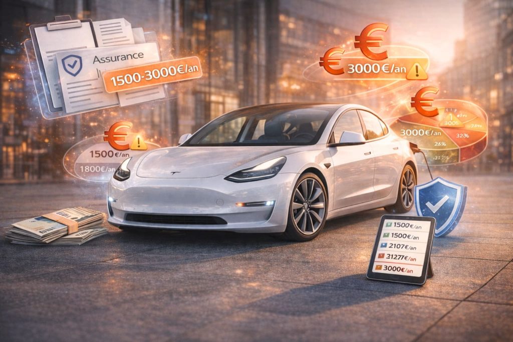 Tesla Model 3 blanche avec symboles financiers et euros flottants illustrant le coût élevé de l'assurance