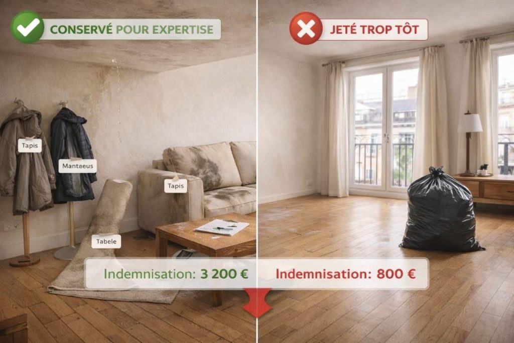 Comparaison visuelle côte à côte d'un salon parisien après dégât des eaux : à gauche, les biens endommagés (canapé, tapis, table, manteaux) sont conservés et étiquetés pour l'expertise avec indemnisation de 3200€ ; à droite, la pièce nettoyée avec biens jetés prématurément et sac-poubelle visible, indemnisation réduite à 800€