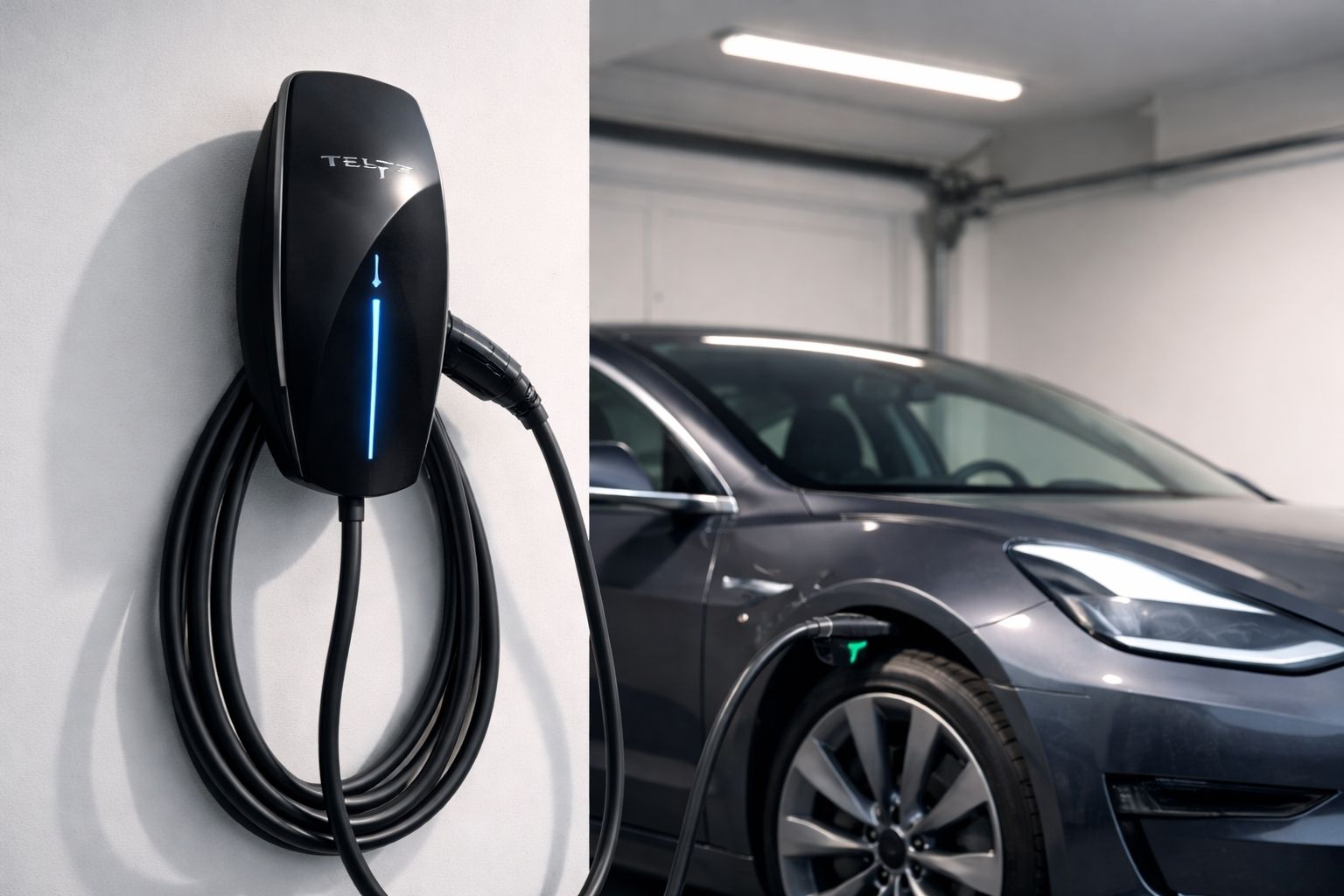 Borne de recharge Tesla installée dans un garage résidentiel