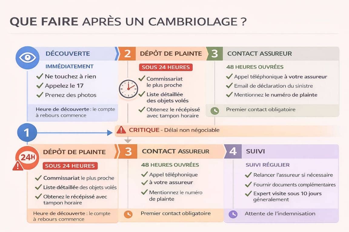 Infographie chronologique étape par étape après un vol : découverte immédiate, dépôt plainte sous 24h (critique), contact assureur sous 48h, dossier complet sous 5 jours, et suivi régulier, avec codes couleur et icônes pour chaque étape