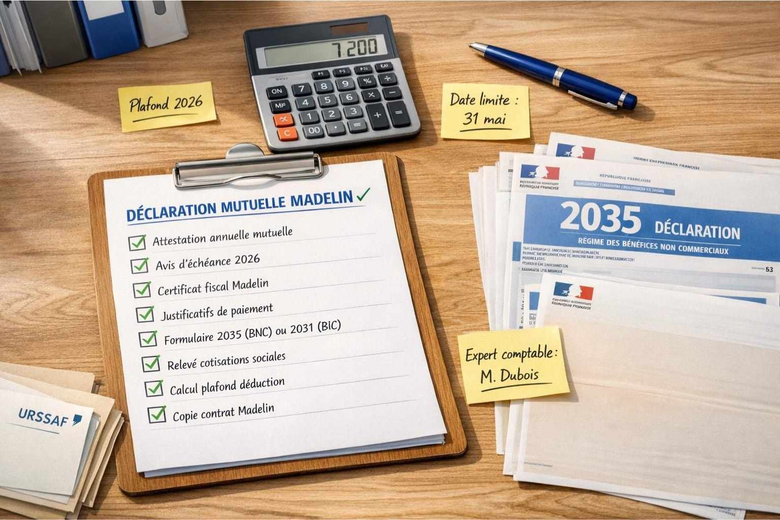 Vue organisée d'un bureau avec checklist de documents nécessaires pour la déclaration fiscale Madelin d'une mutuelle TNS, incluant attestations, formulaires fiscaux, calculatrice et notes