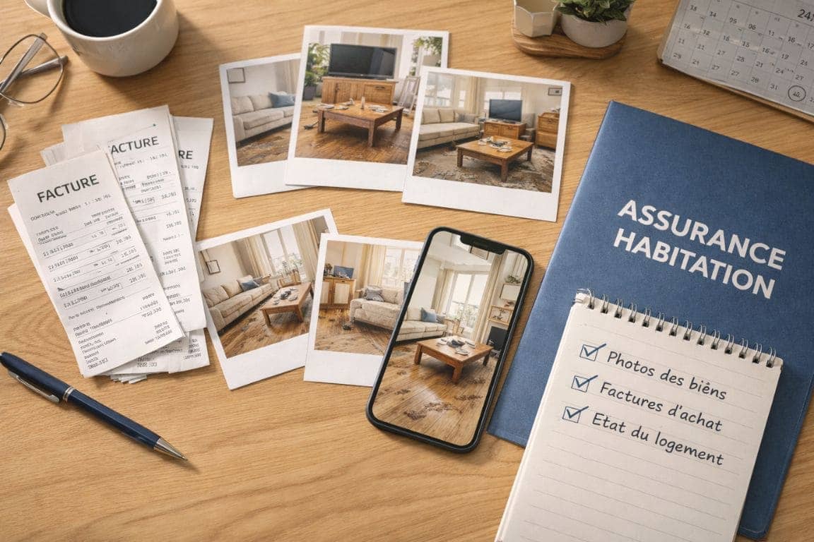 Vue organisée d'un bureau avec documents essentiels pour l'assurance habitation : factures d'achat, photos de l'intérieur du logement, smartphone affichant des photos, carnet de notes avec checklist cochée, et dossier assurance habitation