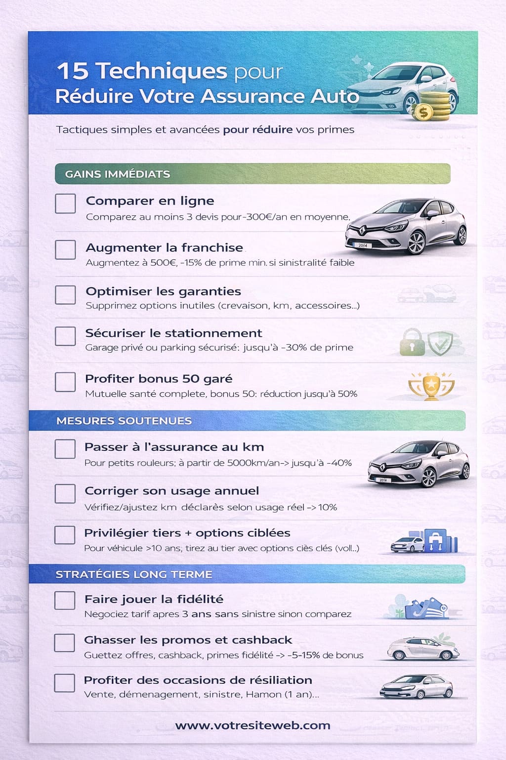 Checklist imprimable des 15 techniques pour réduire son assurance auto