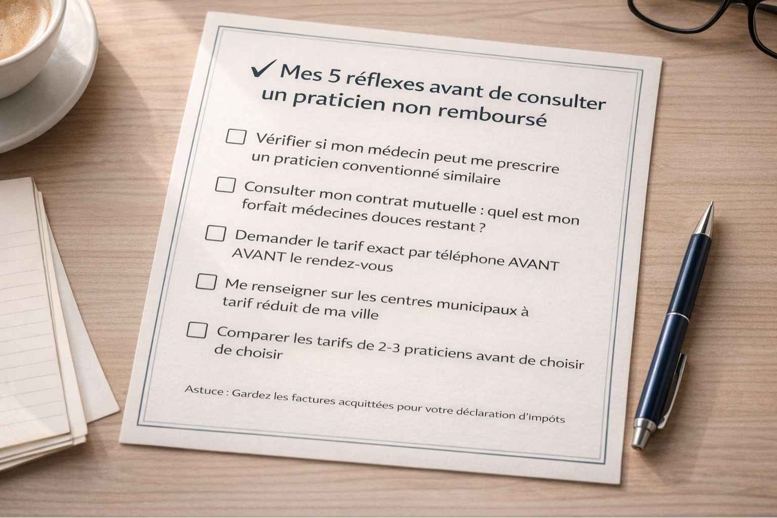 Checklist imprimable des cinq réflexes essentiels à avoir avant de consulter un ostéopathe ou psychologue non remboursé
