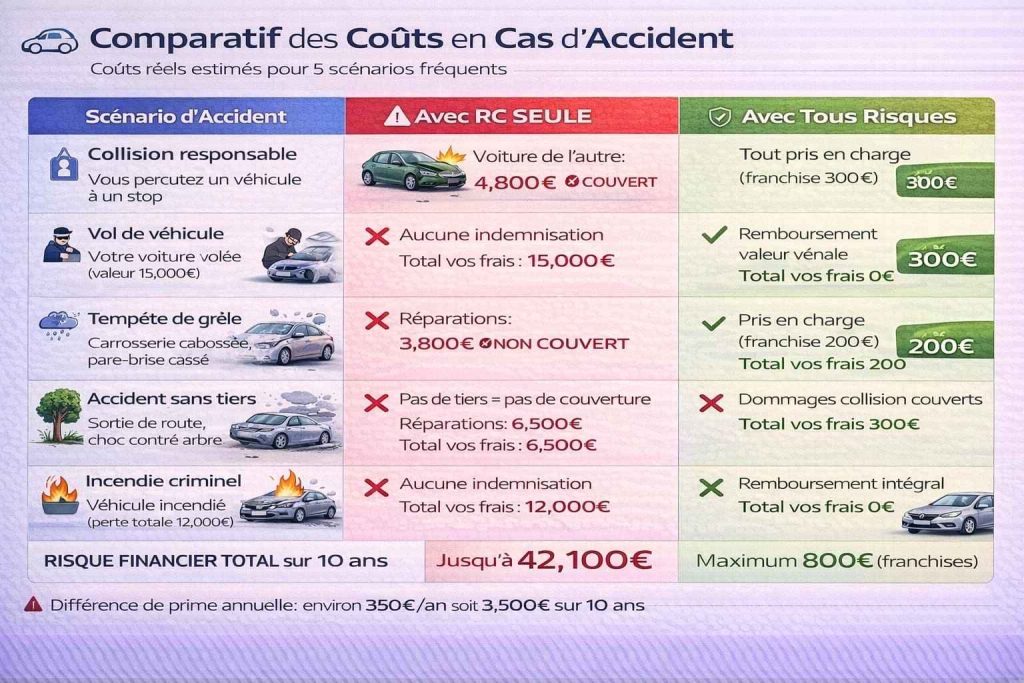 Tableau comparant les coûts réels dans 5 scénarios d'accident entre RC seule et tous risques