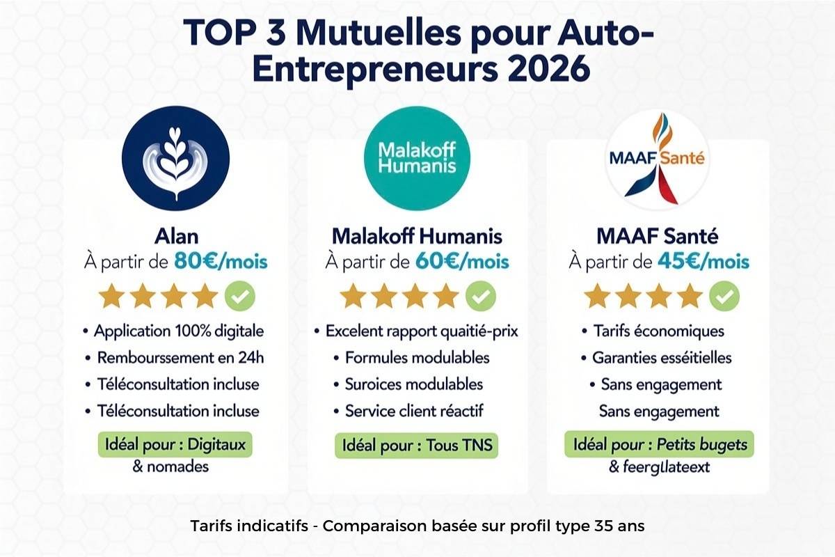 Infographie comparative des trois meilleures mutuelles pour auto-entrepreneurs : Alan, Malakoff Humanis et MAAF Santé avec leurs tarifs, caractéristiques et profils adaptés