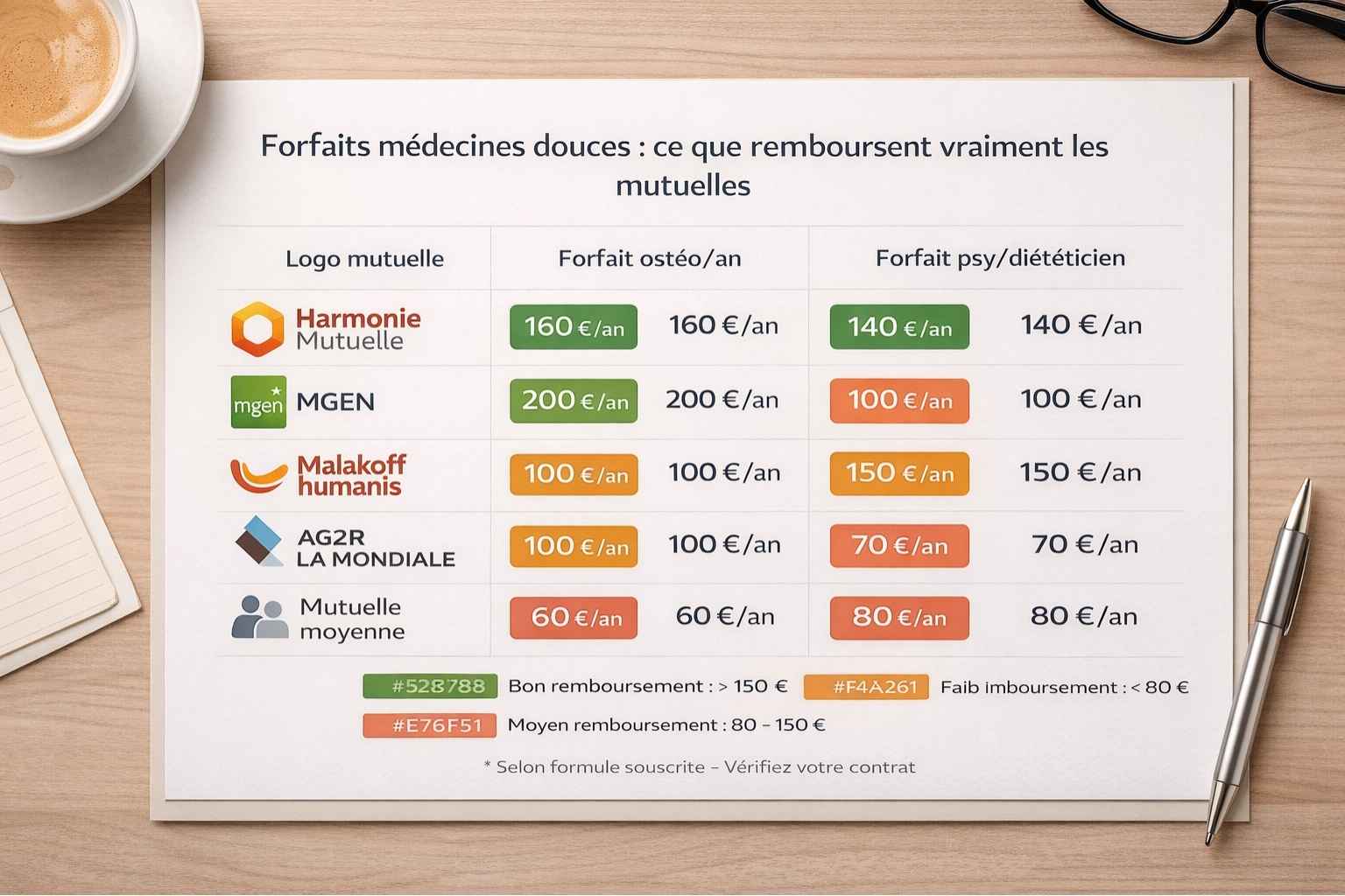 Tableau de comparaison des forfaits médecines douces proposés par les principales mutuelles françaises en 2024
