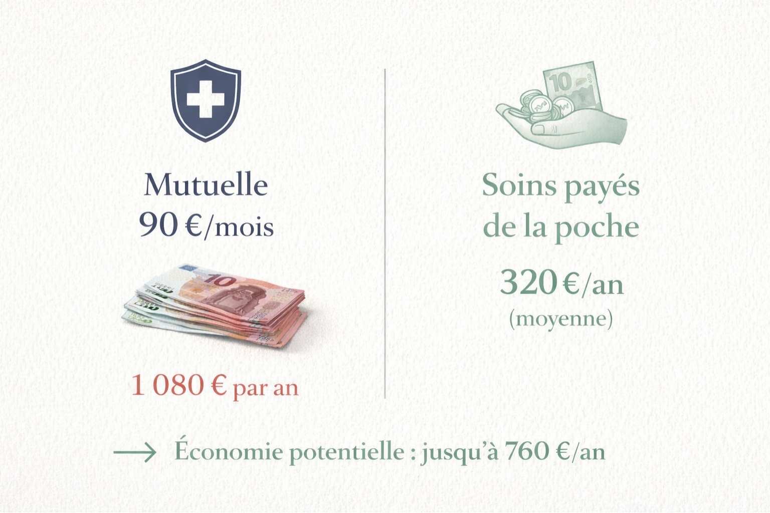 Infographie comparant le coût annuel d'une mutuelle à 90 euros par mois avec le paiement direct des soins courants, montrant une économie potentielle de 760 euros par an