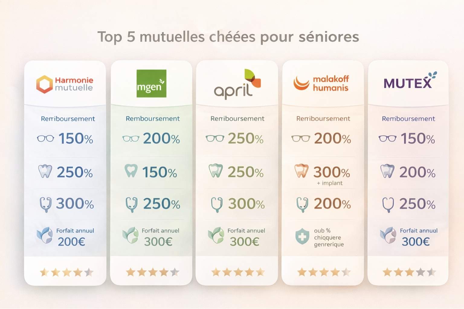 Tableau comparatif des meilleures mutuelles santé pour seniors en France avec taux de remboursement des actes hors nomenclature