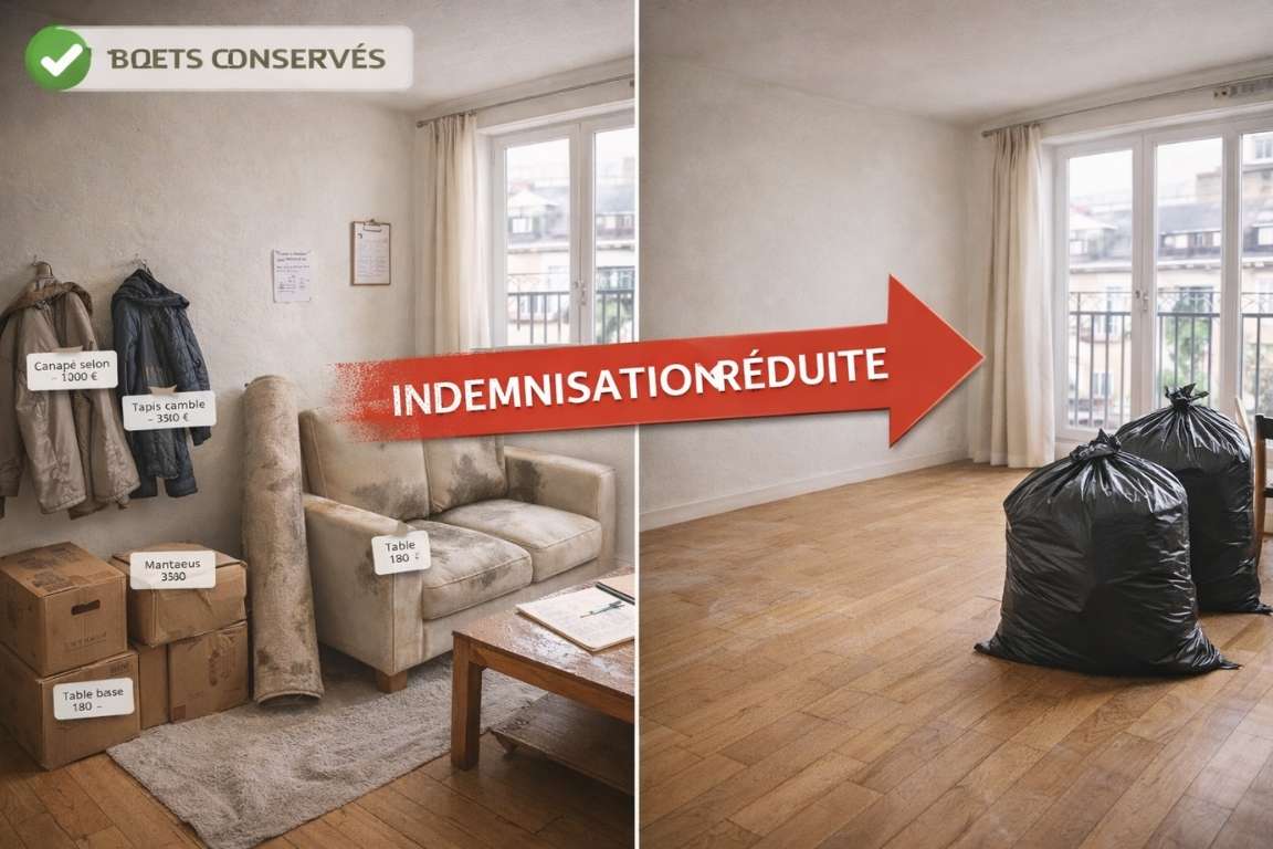 Comparaison photographique d'une chambre de stockage : à gauche, biens endommagés conservés et étiquetés proprement (canapé, tapis, table, manteaux) ; à droite, la même pièce vidée et nettoyée avec deux sacs-poubelle. Une flèche rouge diagonale relie les deux images avec le texte Indemnisation Réduite