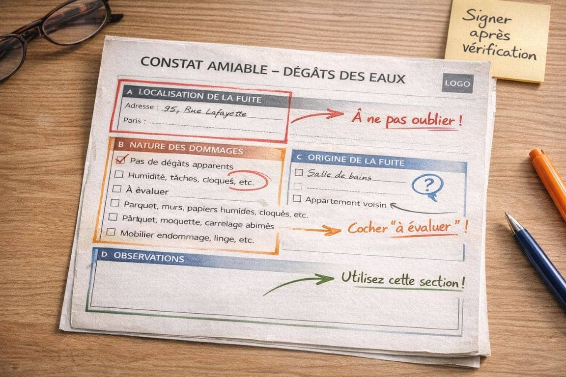 Gros plan d'un constat amiable dégâts des eaux avec quatre zones critiques annotées en couleur : localisation en rouge, nature des dommages en orange, origine de la fuite en bleu, et section observations en vert, accompagné de lunettes de lecture et de stylos