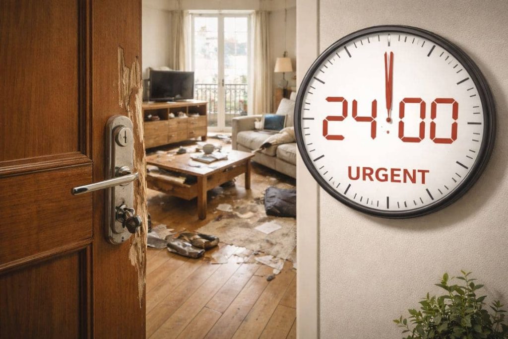 Porte d'appartement parisien forcée avec serrure endommagée, intérieur en désordre visible en arrière-plan, et horloge murale au premier plan affichant 24 heures pour illustrer le délai légal de déclaration de vol