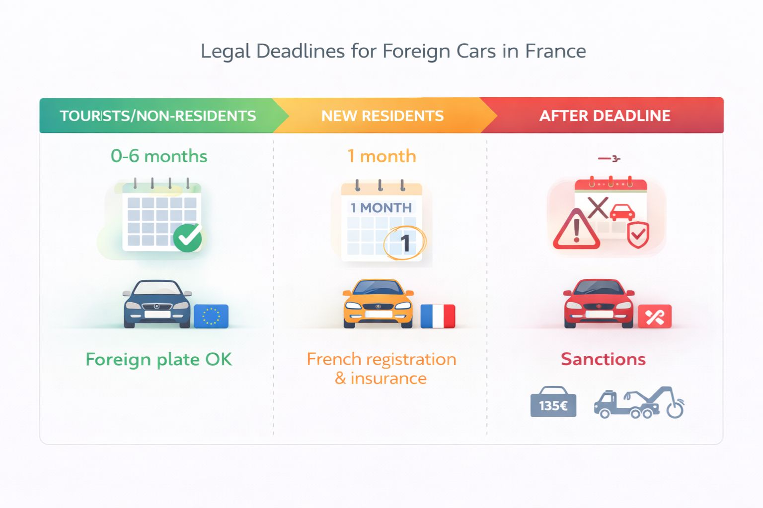 Timeline réglementation voiture étrangère en France - Délais légaux touristes et résidents