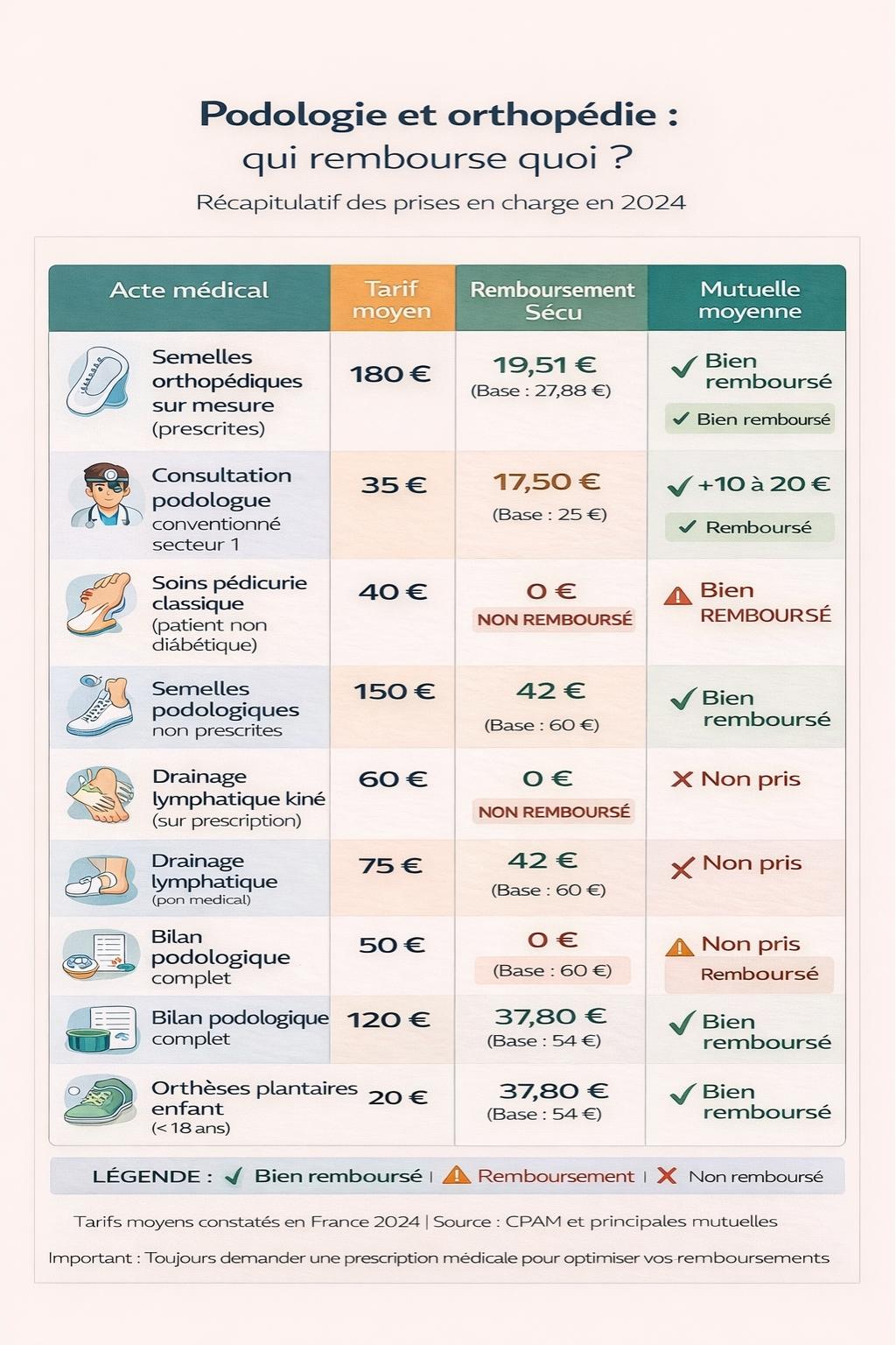 Tableau remboursement podologie orthopédie - Sécu et mutuelle 2024