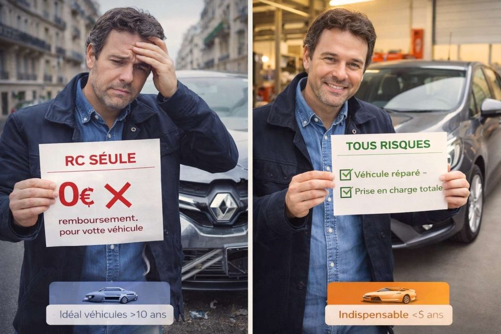 Comparaison entre les conséquences d'un accident avec assurance responsabilité civile seule versus tous risques
