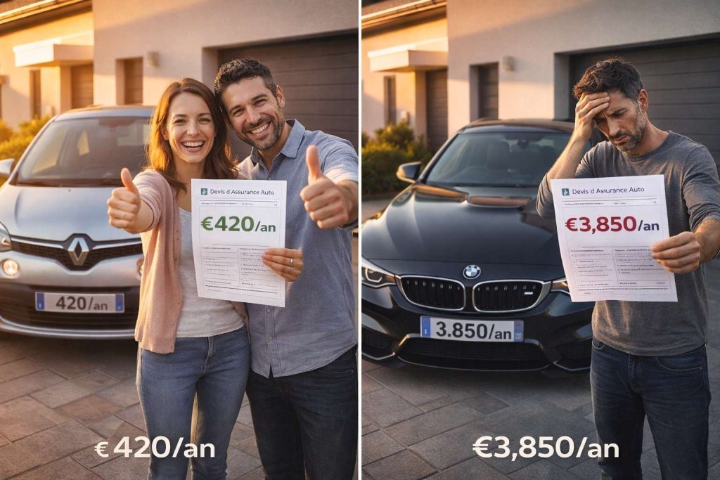 Comparaison visuelle entre l'assurance d'une Renault Twingo à 420€/an et une BMW M4 à 3850€/an