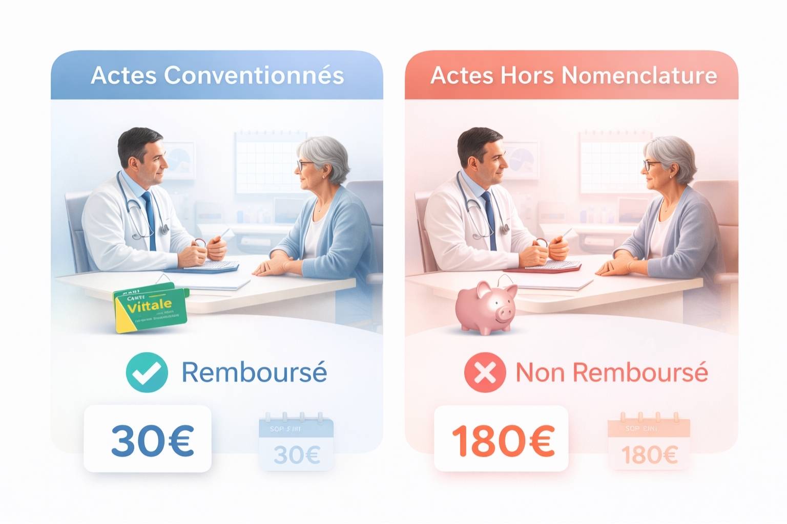 Infographie comparative montrant la différence entre actes médicaux conventionnés et hors nomenclature avec exemples de prix en France