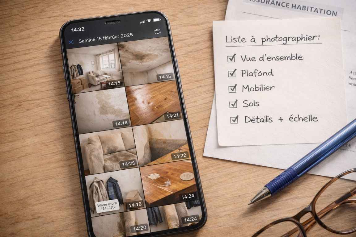 Vue aérienne d'un smartphone posé sur une table en bois affichant une galerie de 9 photos horodatées documentant des dégâts des eaux : vue d'ensemble du salon, plafond taché, parquet gondolé, canapé mouillé, mur endommagé, table avec traces d'eau, manteaux humides, tapis et pièce de monnaie pour échelle. Un bloc-notes à côté liste les éléments à photographier avec des coches
