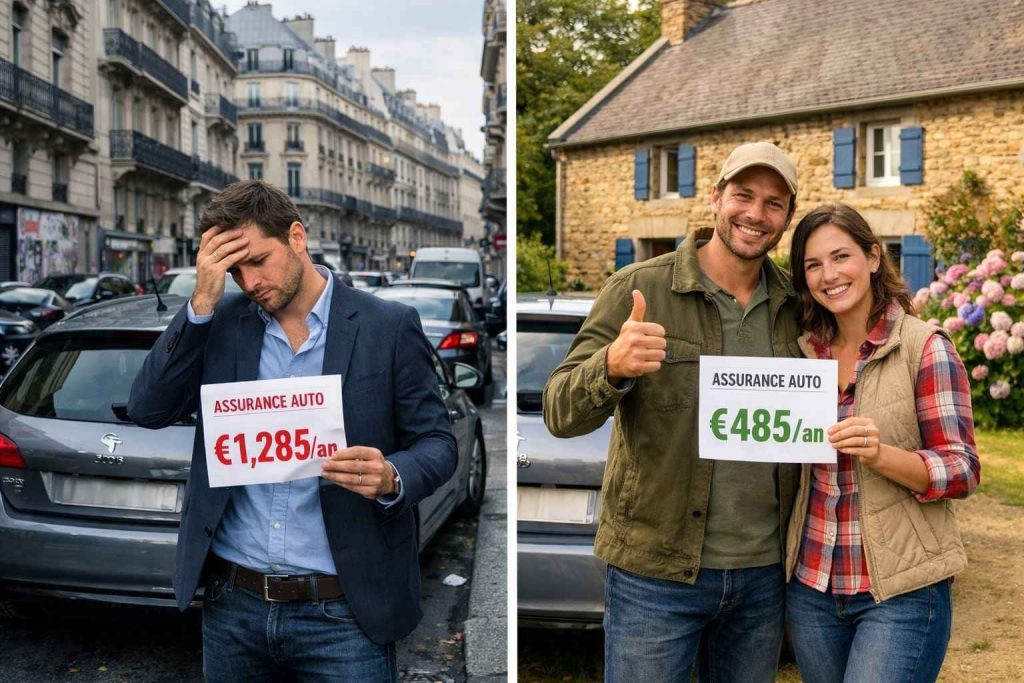 Comparaison entre l'assurance auto à Paris (1285€/an) et en Bretagne (485€/an) pour la même voiture et le même profil