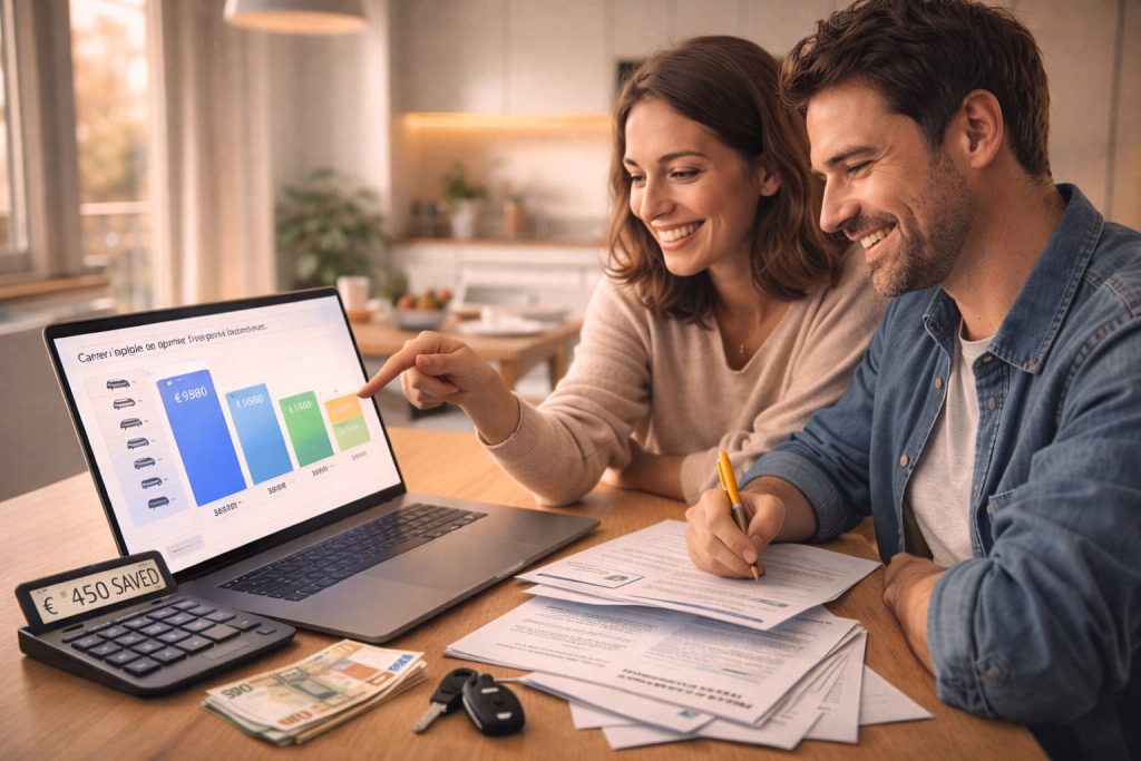 Couple français comparant les offres d'assurance auto sur ordinateur pour économiser de l'argent